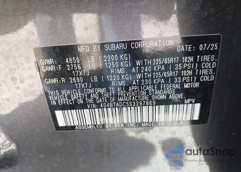 2025 Subaru Outback Premium z USA, uszkodzony, nr VIN 4S4BTADC5S3297869